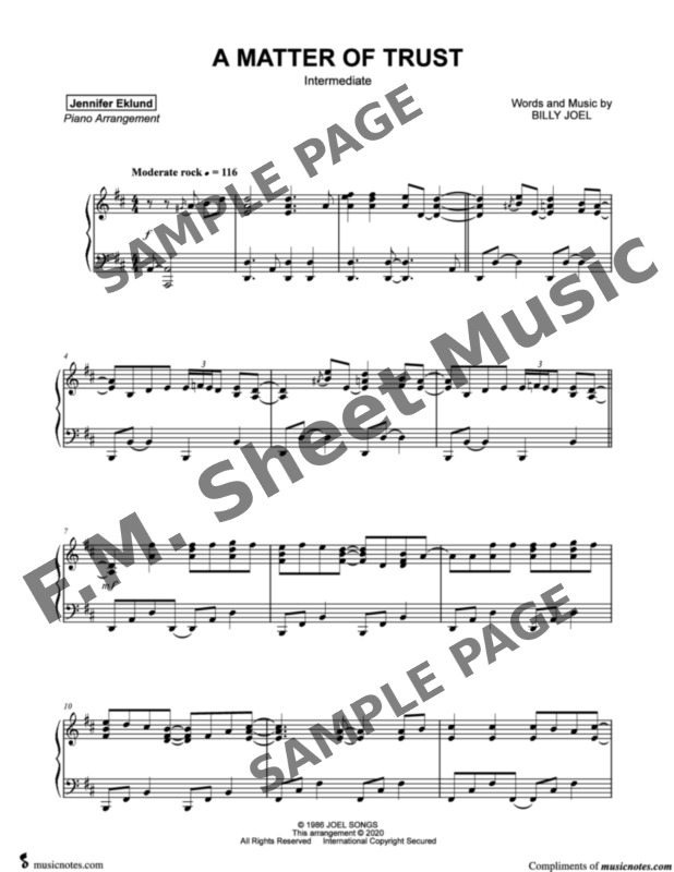 A Matter of Trust (Intermediate Piano) By Billy Joel F.M. Sheet Music Pop Arrangements by